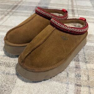 UGG Tan Suede Slip-Ons with Red Trim